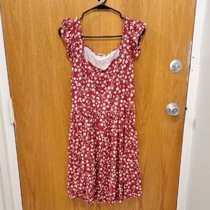 Red floral square neck A-line dress